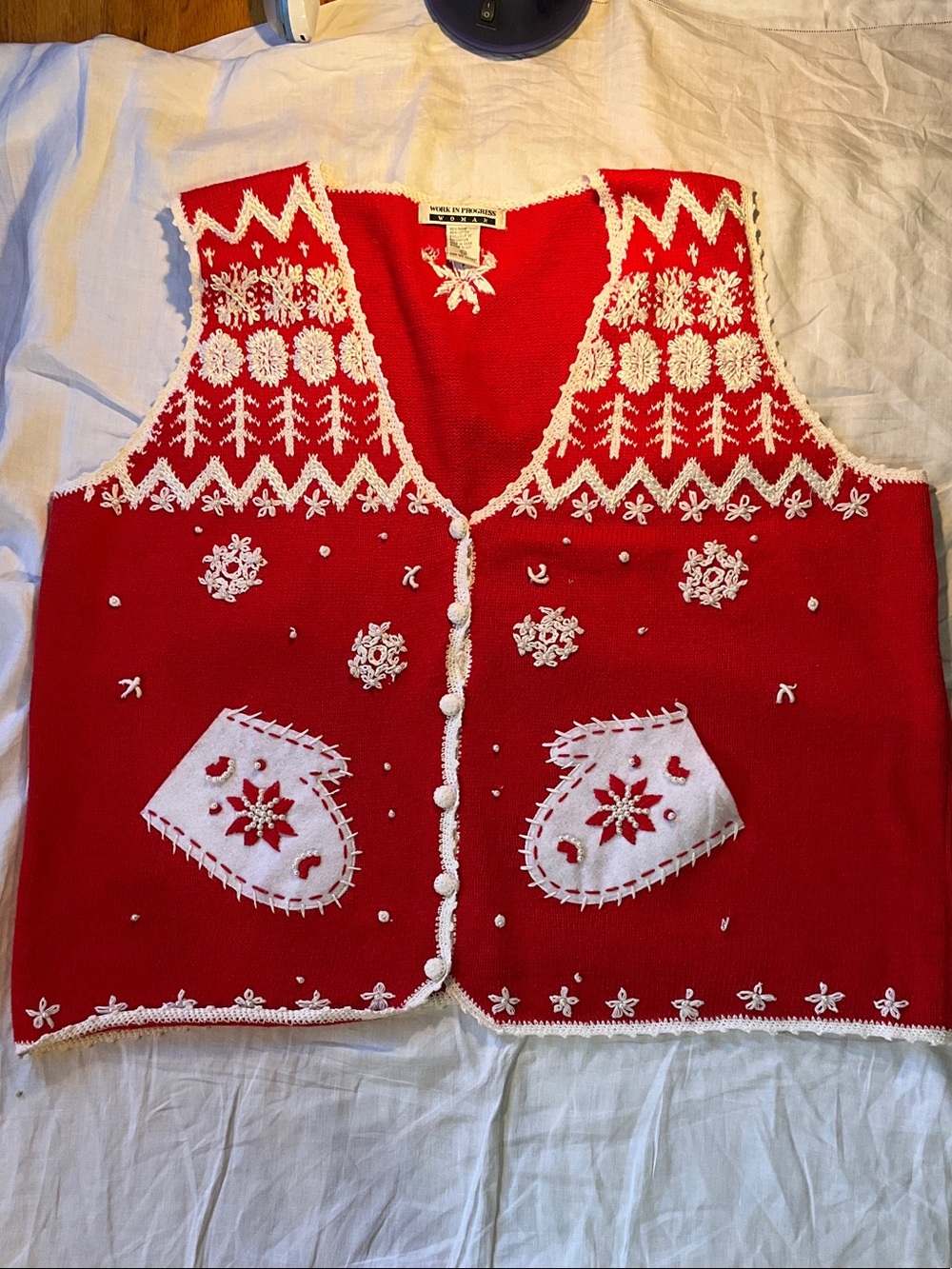 Red Embroidered Holiday Sweater Vest - Classic Festive Knit